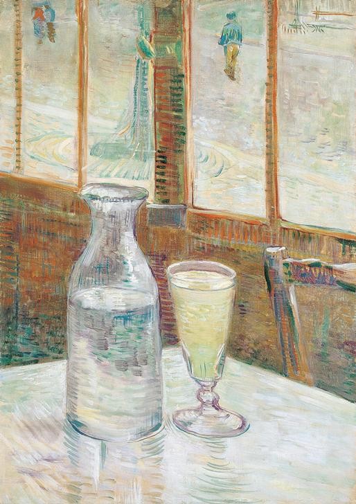 Vincent van Gogh, Stillleben mit Absinth (Alkohol,Gastronomie,Kunst,Impressionismus,Tisch,Stillleben,Spirituosen,Flasche,Blick Aus Dem Fenster,Niederländische Kunst,Absinth,Cafe,Trinkglas,Wasserflasche)