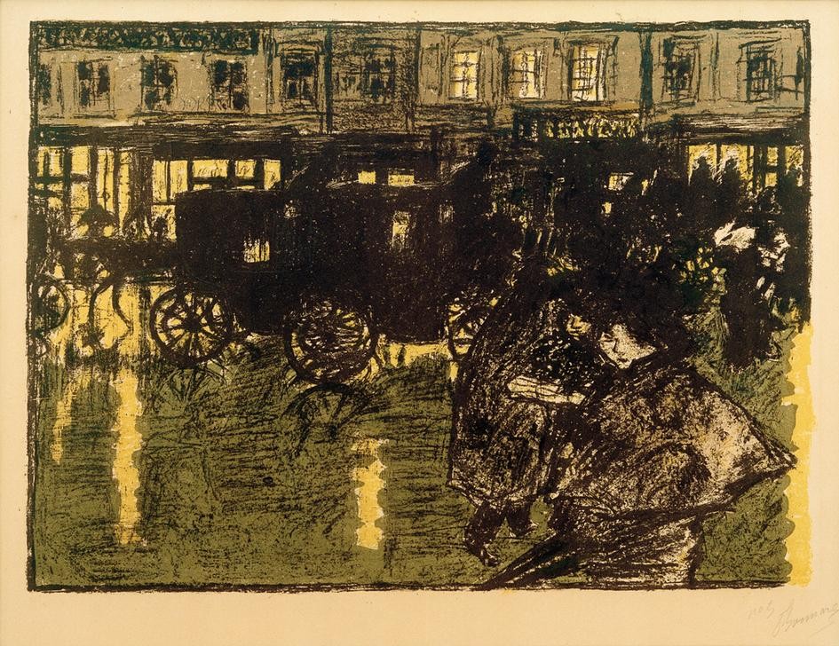 Pierre Bonnard, Straße am Abend im Regen (Straßenszene, Menschen, Betrieb, Gesellschaft, Kutsche, Fussgänger, Stadtleben, Regen, Abendszene, Dunkelheit, Post-Impressionismus,  Wohnzimmer, Wunschgröße, Klassische Moderne,)