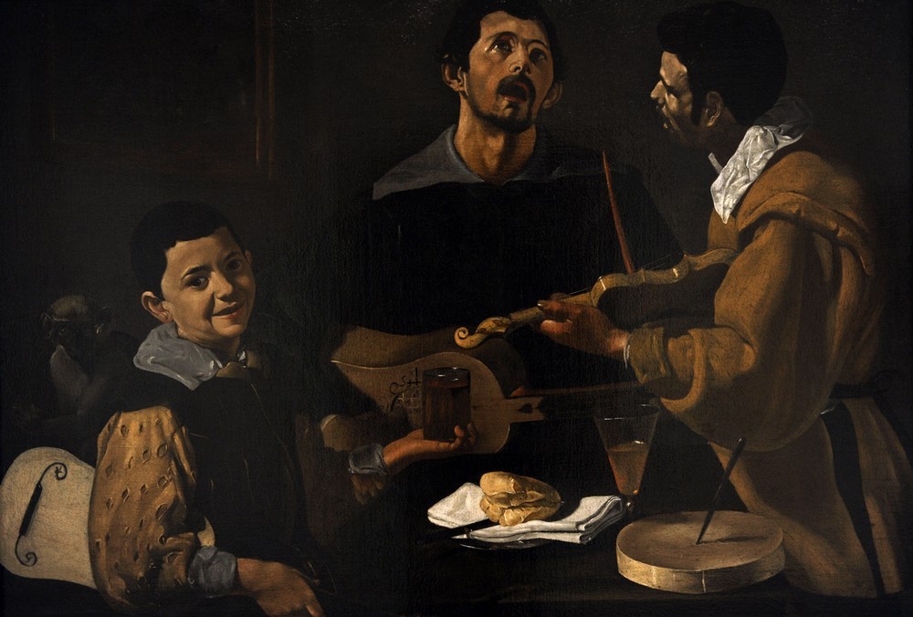 Diego Rodriguez de Silva y Velasquez, The musicians (Artist,Bilder,Essen Und Trinken,Gemäldegalerie,Gesellschaft,Glas,Kommunismus,Kunst,Musiker,Musik,Öl,Schule,Wein,Barock,Messer,Galerie,Goldenes Zeitalter,Vase,Kader,Fütterung,Lied,Cord,Gefäss,Käse,Müssiggang,Alltagskultur,Musikant,Malen,Aufführung,Schnur,C)