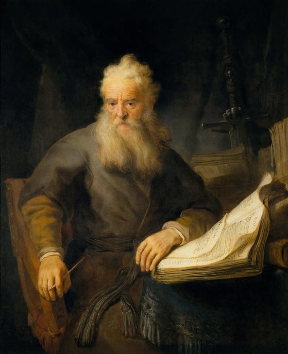 Rembrandt Harmenszoon van Rijn, Der Apostel Paulus (Buch,Christentum,Geschichte,Handschrift,Kult,Mann,Religion,Alter,Bart,Barock,Neues Testament,Bibel,Apostel,Portrait,Greis,Nachdenken,Apostelgeschichte,Schreibfeder,Niederländische Kunst,Holländische Kunst,Vollbart,Schreiben,Alphabet,Sitzen,Weisheit,Weisse)