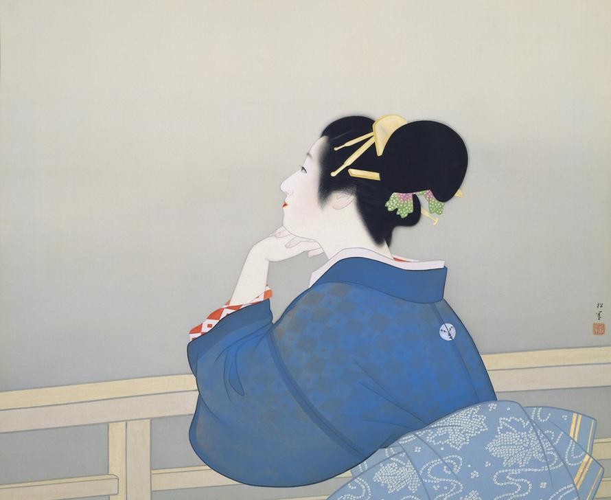 Uemura Shoen, Eine Frau wartet auf den Aufgang des Mondes (Ehefrau,Frau,Kunst,Sehnsucht (Gefühl),Tracht,Völkerkunde,Japanische Kunst,Frauenkunst,Warten,Frauenleben,Kimono,Junge Frau,Seidenmalerei,Kopf Stützen,Mondaufgang,Blick Zum Himmel,Land Und Leute,Frisur,Geländer)