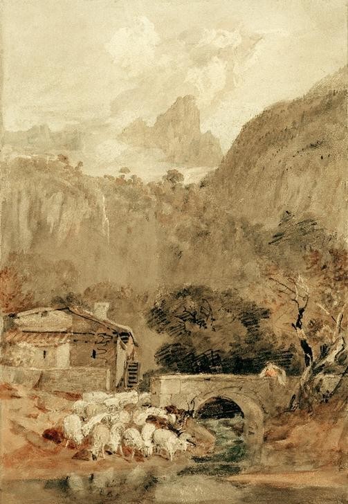 JOSEPH MALLORD WILLIAM TURNER, Aiguillette vom Tal der Cluse (Gebirge,Landschaft,Tränke,Schaf,Englische Kunst,Herde)