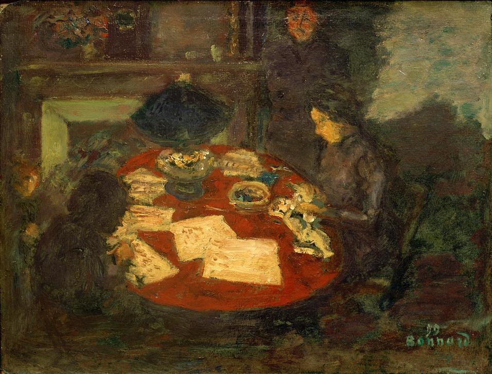 Pierre Bonnard, Unter der Lampe (Familie, Menschen, Genre,  Wohnung, Tisch, hndarbeiten, Frauen, Sticken, Nähen, Post-Impressionismus,  Wohnzimmer, Wunschgröße, Klassische Moderne,)
