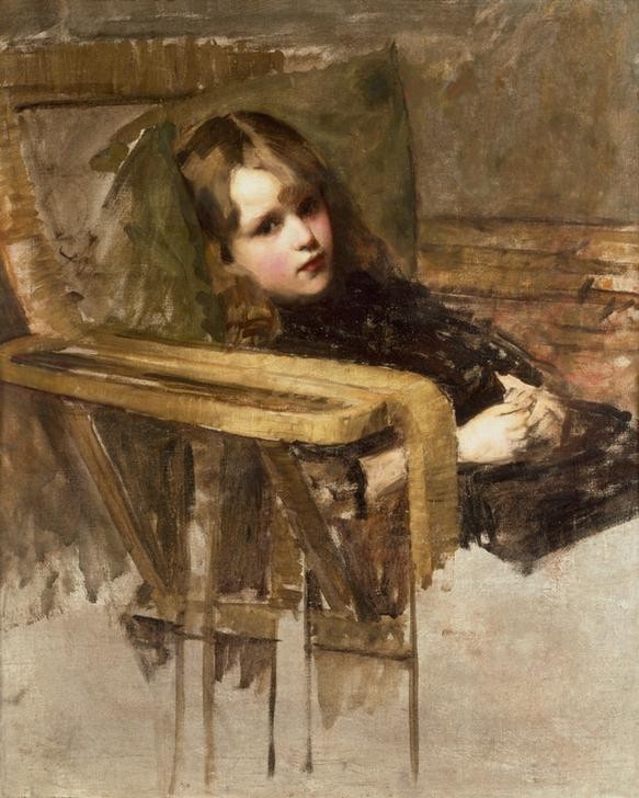 John William Waterhouse, The Easy Chair (Kind,Kunst,Mädchen,Mensch,Möbel,Portrait,Kissen,Englische Kunst,Tablett,Lehnstuhl,Stuhl,Sitzen,Bequemlichkeit,Armlehne)
