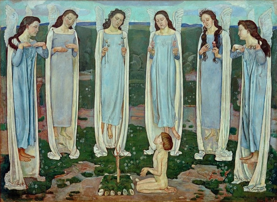 Ferdinand Hodler, Der Auserwählte (Christentum,Engel,Jugendstil,Kind,Kunst,Religion,Symbolismus,Akt,Fee,Schweizerische Kunst,Mystik,Knabe,Profil,Blume,Blick Zum Himmel,Symbolik)