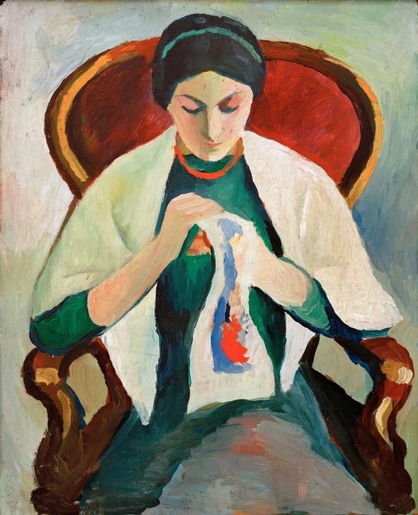 August Macke, Stickende Frau am Sessel: Porträt der Frau des Künstlers (Ehefrau,Deutsche Kunst,Familie,Frau,Handarbeit,Kunst,Mensch,Sticken,Portrait,Expressionismus,Der Blaue Reiter,Sessel,Frauenleben,Jahrhundertwende,Halbfigur,Person)