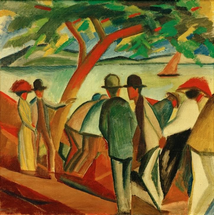 August Macke, Spaziergänger am See (Deutsche Kunst,Landschaft,Freizeit,Spaziergang,See,Expressionismus,Reise,Der Blaue Reiter,Fussgänger)