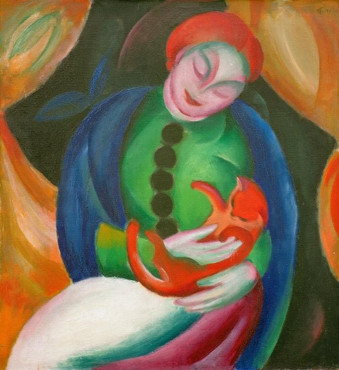 Franz Marc, Mädchen mit Katze II (Deutsche Kunst,Frau,Katze (Tier),Kunst,Mensch,Portrait,Expressionismus,Der Blaue Reiter,Tierliebe,Haustier,Tierleben,Rote Haare,Frau Und Tier,Tier,Junge Frau,Kniestück,Halbfigur,Farbigkeit,Mensch Und Tier)