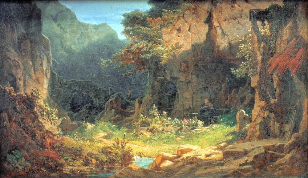 Carl Spitzweg, Geigender Einsiedler (Deutsche Kunst,Landschaft,Musik,Wald,Geige,Eremit,Einsamkeit,Romantik)