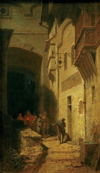 Carl Spitzweg, Die Scharwache (Deutsche Kunst,Handwerk Und Gewerbe,Nachtwächter,Nacht,Biedermeier,Kleinstadt,Patrouille,Architekturdarstellung,Scharwache,Sicherheit,Öffentliche Sicherheit,Handwerk,Gewerbe)