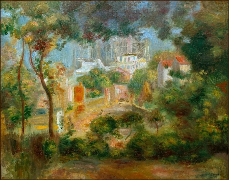 Pierre-Auguste Renoir, Die Gärten von Montmartre mit Blick auf Sacre-Coeur im Bau (Geographie,Impressionismus,Hausgarten,Französische Kunst,Topographie,Garten)