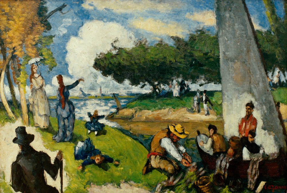 Paul Cézanne, Sonntagnachmittag (Angeln (Sport),Gesellschaftliches Leben,Gesellschaft,Landschaft,Freizeit,Spaziergang,Sonntag,Impressionismus,Reise,Sonnenschirm,Französische Kunst)
