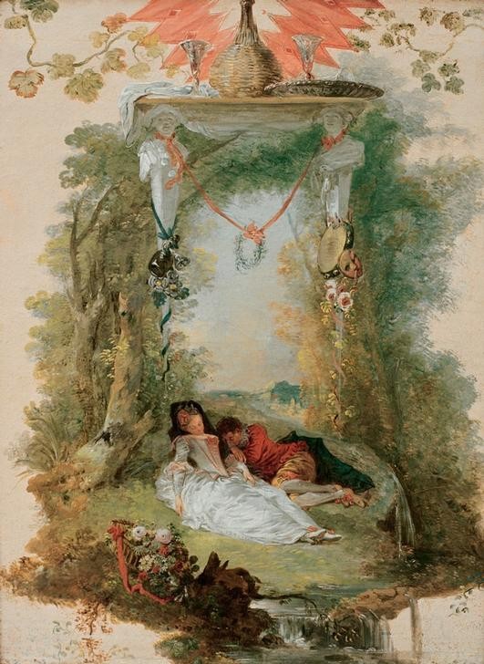 Jean-Antoine Watteau, Les amants endormis (Liebe, Liebespaar, Park, Laube, Schlafende, Groteske, Mode, Rokoko, Wohnzimmer, Schlafzimmer, Klassiker,  Wunschgröße)