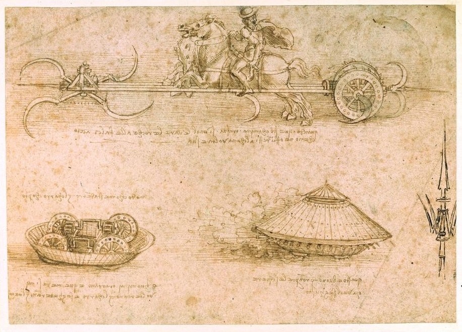 Leonardo da Vinci, Sichelwagen und Panzerwagen (Technik, Erfindung, Maschinen, Militär, Panzer, Waffe, Panzerwagen, Streitwagen, Kriegsmaschine, Wehrtechnik, Klassiker, Zeichnung, Treppenhaus, Wohnzimmer, Wunschgröße)