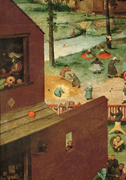 Pieter Brueghel der Ältere, Kinderspiele (Kinderspiel,Kind,Mensch,Spiel,Spielzeug,Strassenszene,Szene,Volkskunde,Renaissance,Manierismus,Stadtansicht,Niederländische Kunst,Kleidung (Allgemein),Kinderleben,Kopfstand,Land Und Leute,Karneval,Verkleidung,Alltag,Ausschnitt)