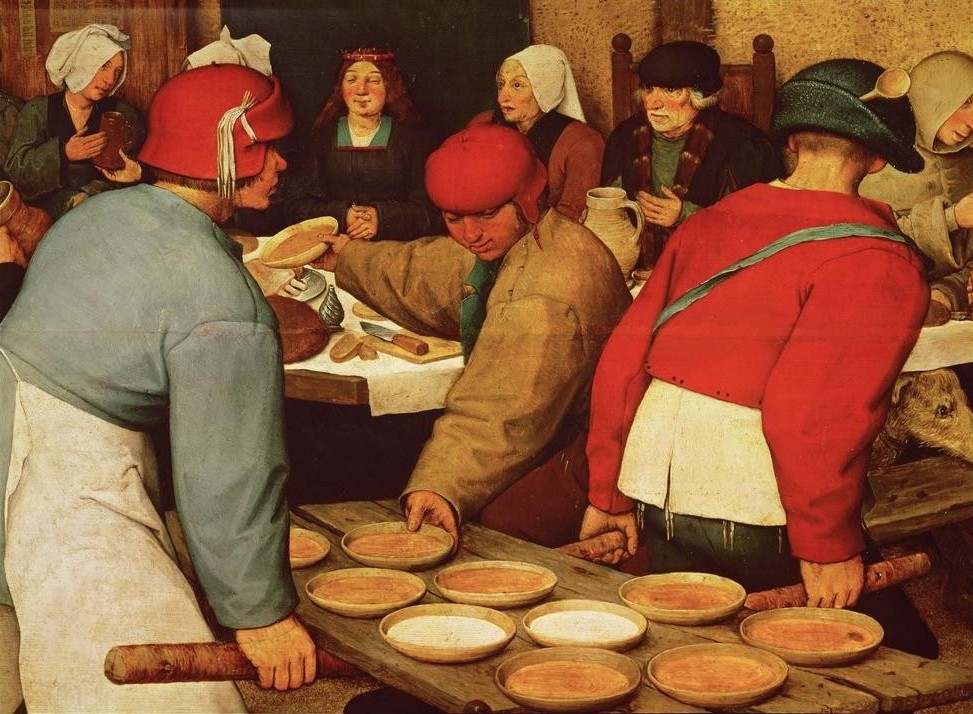 Pieter Brueghel der Ältere, Bauernhochzeit (Bauer (Landwirt),Braut,Gasthaus,Gastronomie,Hochzeit,Bedienung,Liebe Und Ehe,Mensch,Tafelsitten,Volkskunde,Renaissance,Nahrungsmittel,Trinken,Teller,Niederländische Kunst,Im Freien (Allgemein),Brei,Ehe,Land Und Leute,Feier)