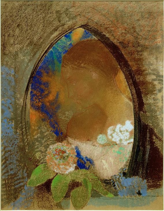 Odilon Redon, Profil de femme avec fleurs dans une ogive (Frau,Kunst,Mensch,Symbolismus,Portrait,Französische Kunst,Profil,Kopf,Blume,Junge Frau,Spitzbogen,Signatur)