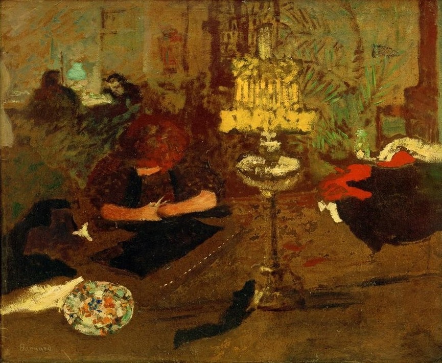 Pierre Bonnard, Jeune femme à la lampe / Figure à la lampe (Zimmer, Interieur, Tisch, junge Frau, Handarbeit, Alltagsszene,    Petroleumlampe, Nähen, Gesellschaft, Post-Impressionismus,  Wohnzimmer, Wunschgröße, Klassische Moderne)