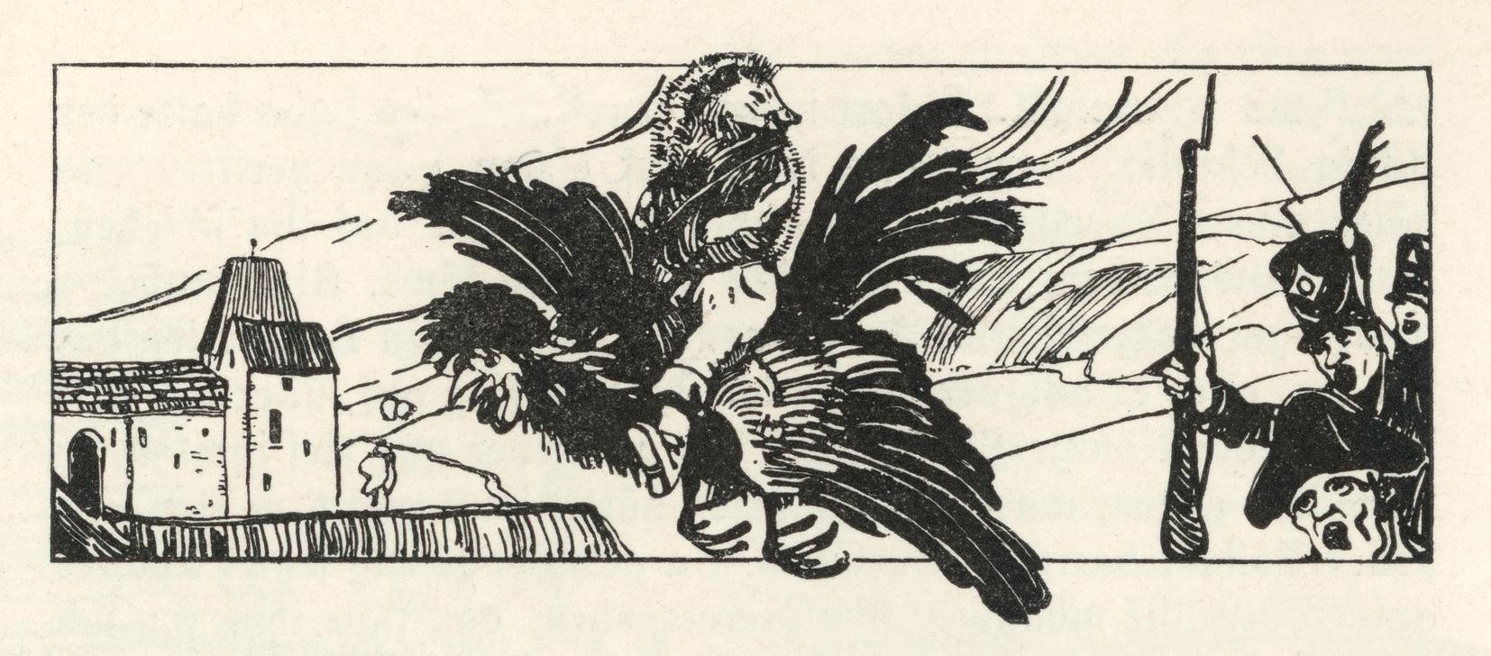 Carl Fahringer, Unbekannt (KINDER- UND JUGENDBUCH, LITERATUR, MÄRCHEN, FABELWESEN, MORAL, ÖSTERREICHISCHE KUNST, CHIMÄRA, ILLUSTRATION, FLIEGEN, HAHN, BUCHILLUSTRATION, IGEL (ZOOLOGIE), SAMMLUNG AKG-IMAGES, GERLACH & WIEDLING, PERSON, SYMBOLIK)