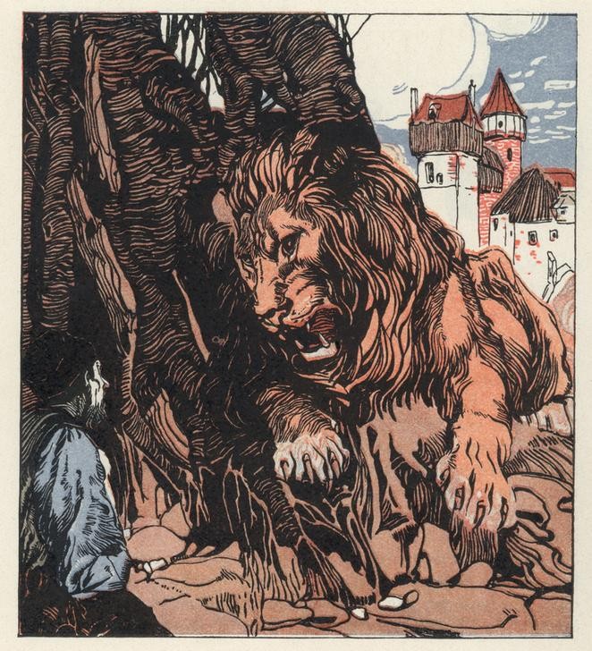 Carl Fahringer, Unbekannt (KINDER- UND JUGENDBUCH, LITERATUR, LÖWE (TIER), MÄRCHEN, MANN, MENSCH, VERZAUBERUNG, MORAL, ÖSTERREICHISCHE KUNST, ILLUSTRATION, RAUBTIER, BUCHILLUSTRATION, PERSON, MENSCH UND TIER, PRINZ, SYMBOLIK)