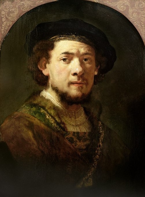 Rembrandt Harmenszoon van Rijn, Selbstbildnis (Künstler,Maler (Künstler),Mann,Mode,Barock,Selbstbildnis,Portrait,Niederländische Kunst,Barett,Holländische Kunst,Brustbild,Person)
