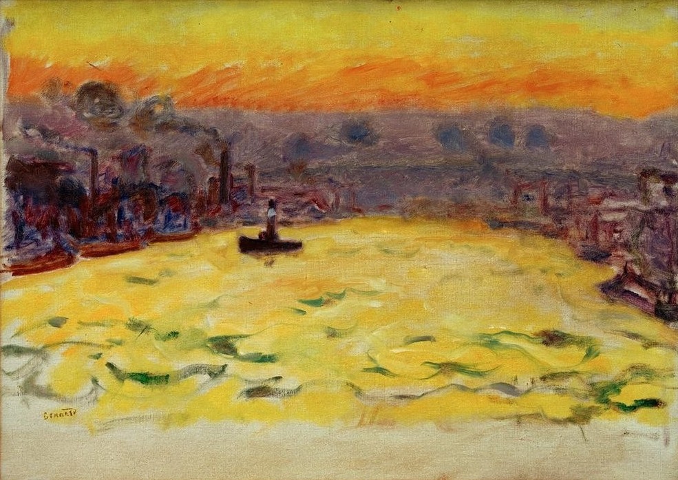 Pierre Bonnard, Le Port, soleil couchant (Dampfer,Hafen,Schiff,Sonnenuntergang,Tageszeiten,Abend,Französische Kunst,Schlepper,Nabis,Jahrhundertwende,Schifffahrt)