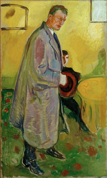 Edvard Munch, Selbstbildnis mit Mantel und Hut (Grafiker,Künstler,Maler (Künstler),Mantel,Mann,Mode,Hut,Selbstbildnis,Portrait,Expressionismus,Norwegische Kunst,Person)