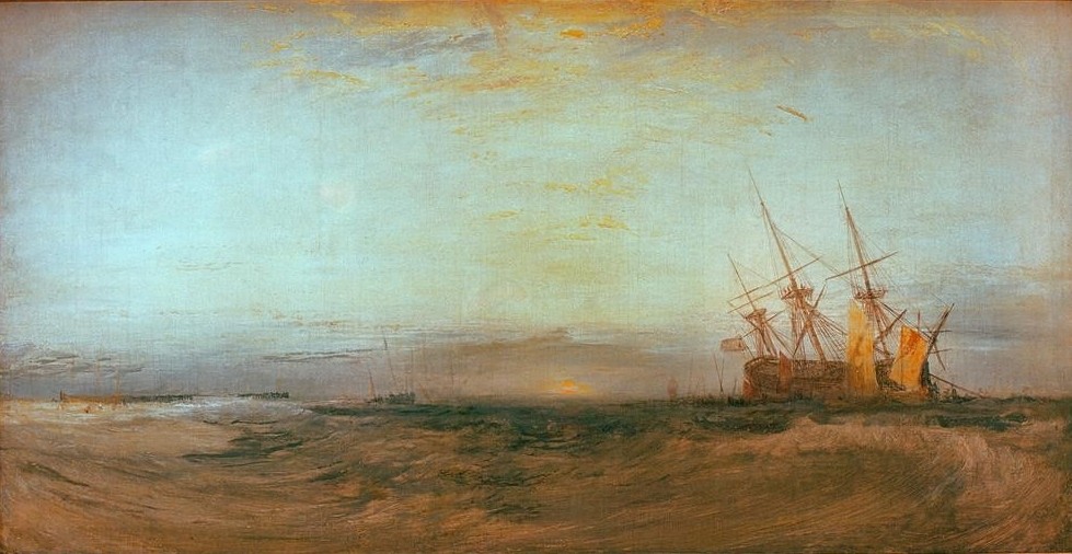 JOSEPH MALLORD WILLIAM TURNER, A Ship Aground (Landschaft,Schiffbruch Und Unglück,Segelschiff,Meer,Marinemalerei,Englische Kunst,Schiffbruch,Romantik,Wrack,Schifffahrt)
