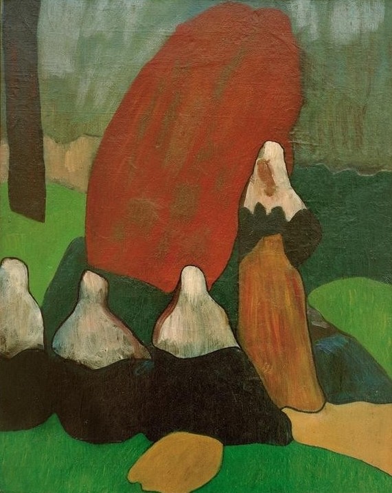 Emile Bernard, Bretonnes au goemon (Volkskunde, bretonische Frauen, Tracht,  Hauben, Landleben, Schule von Pont-Aven,  Malerei, Cloisonismus, Klassische Moderne,  Wohnzimmer, Wunschgröße, bunt)