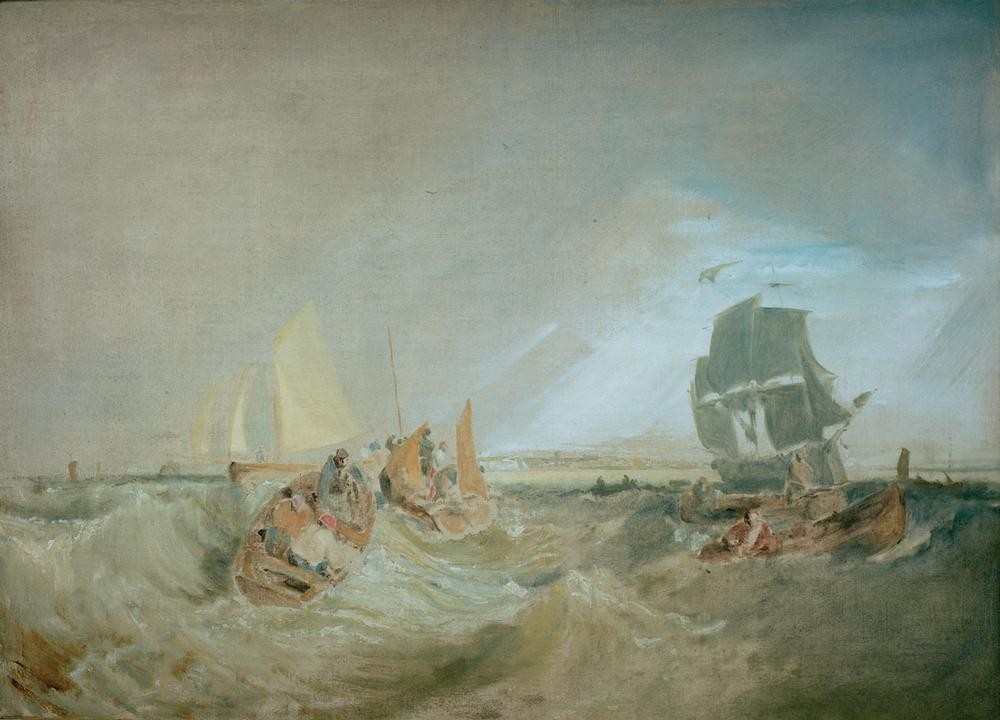 JOSEPH MALLORD WILLIAM TURNER, Shipping at the Mouth of the Thames (Schiffstypen,Segelschiff,Marinemalerei,Englische Kunst,Romantik,Mündung,Schifffahrt)