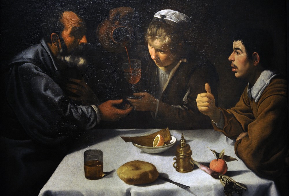 Diego Rodriguez de Silva y Velasquez, Tavern scene (Artist,Bilder,Brot,Dienstboten,Essen Und Trinken,Frau,Gesellschaft,Glas,Jugend (Lebensalter),Kanne,Kommunismus,Kult,Kunst,Mädchen,Mann,Öl,Religion,Szene,Theater,Wasser,Wein,Alter,Bart,Barock,Trinken,Fisch,Bühne,Messer,Vase,Pokal,Kader,Fütterung,Fuss,Gefäs)