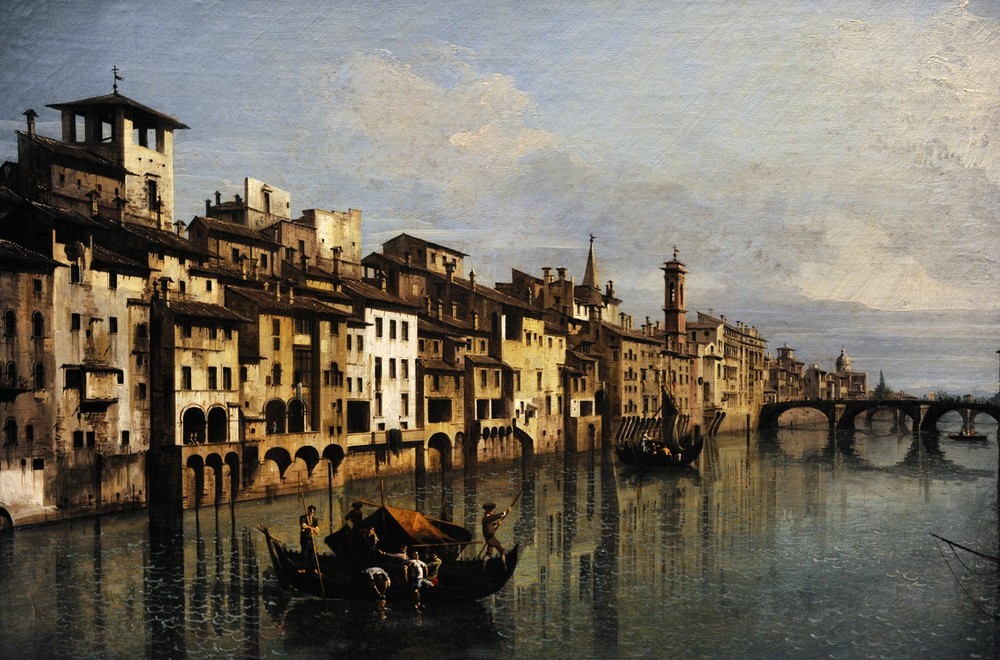 Bernardo Bellotto, The river Arno in Florence, (Städte, Florenz, Italien, Fluss, Arno, Boote, Brücke, Vedute, mittelalterliche Stadt,  historisch, Malerei, Wohnzimmer, Wunschgröße, Klassiker, bunt)