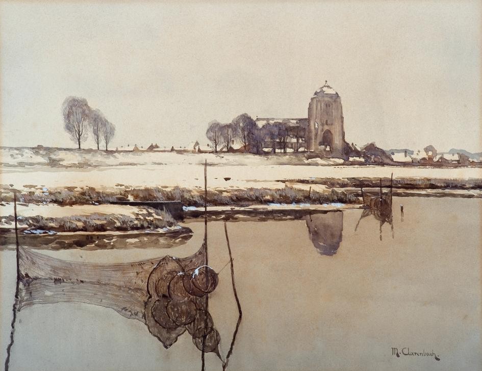 Max Clarenbach, Unbekannt (Winter, Schnee, Landschaft, Fluss, Fischreuse, Reuse, Ufer, Kirche, Jahreszeit, Impressionismus, Wunschgröße, Klassiker, Wohnzimmer)