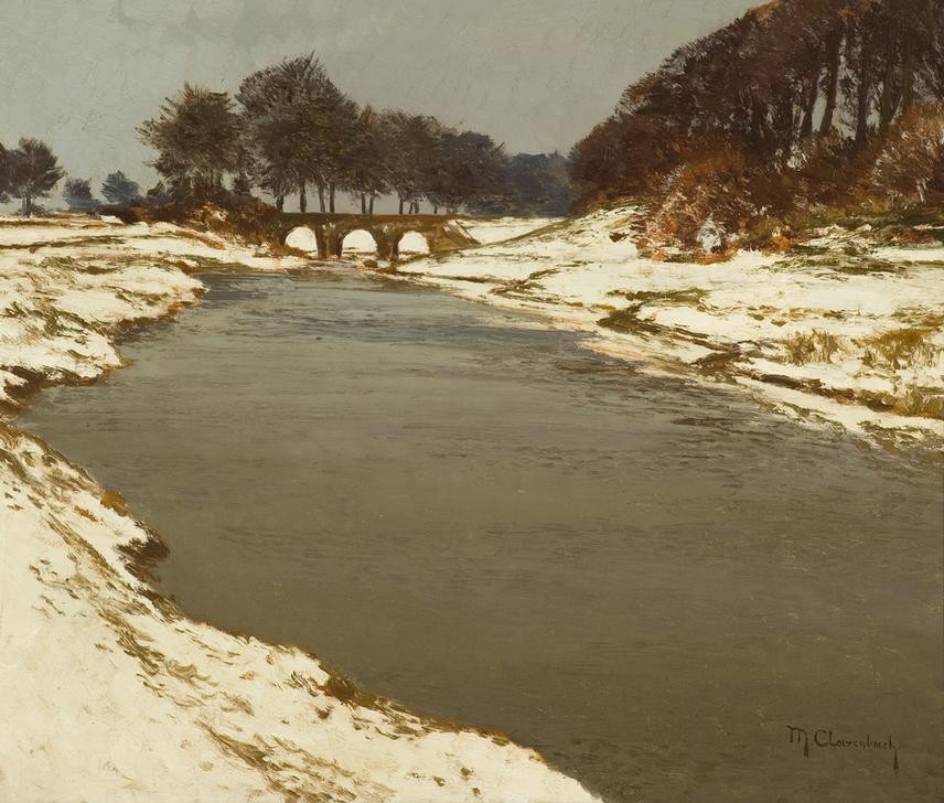 Max Clarenbach, Unbekannt (Landschaft, Landschaftsmalerei, Fluss, Bäume, Brücke, Winter, Jahreszeit, Schnee, Stille, Ruhe, Impressionismus, Wunschgröße, Klassiker, Wohnzimmer)