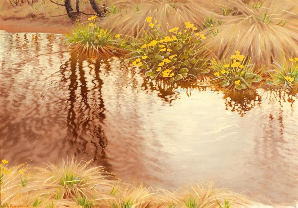Gustaf Edolf Fjaestad, Sommerliche Uferlandschaft (Freilichtmalerei,Gewässer,Kunst,Landschaft,Spiegelung,Schwedische Kunst,Bach,Spiegelbild,Ufer,Skandinavische Kunst,Privatsammlung,Dotterblume,Sumpfdotterblume)