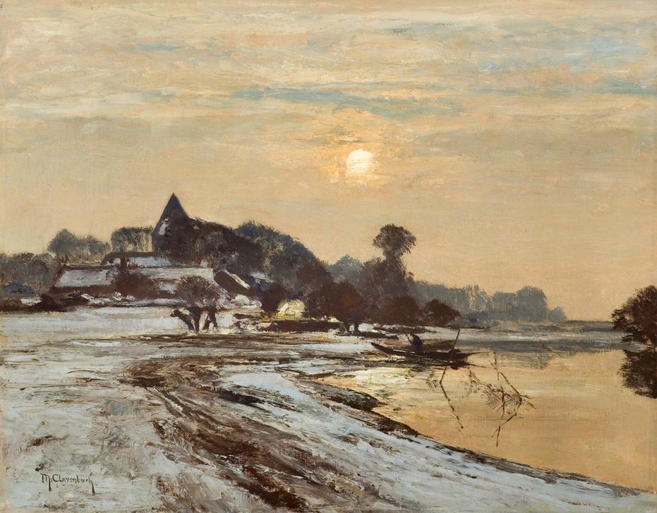 Max Clarenbach, Unbekannt (Winter, Schnee, Landschaft, Fluss, Dämmerung, Ufer, Dorf, Jahreszeit, Sonnenlicht, Impressionismus, Wunschgröße, Klassiker, Wohnzimmer)