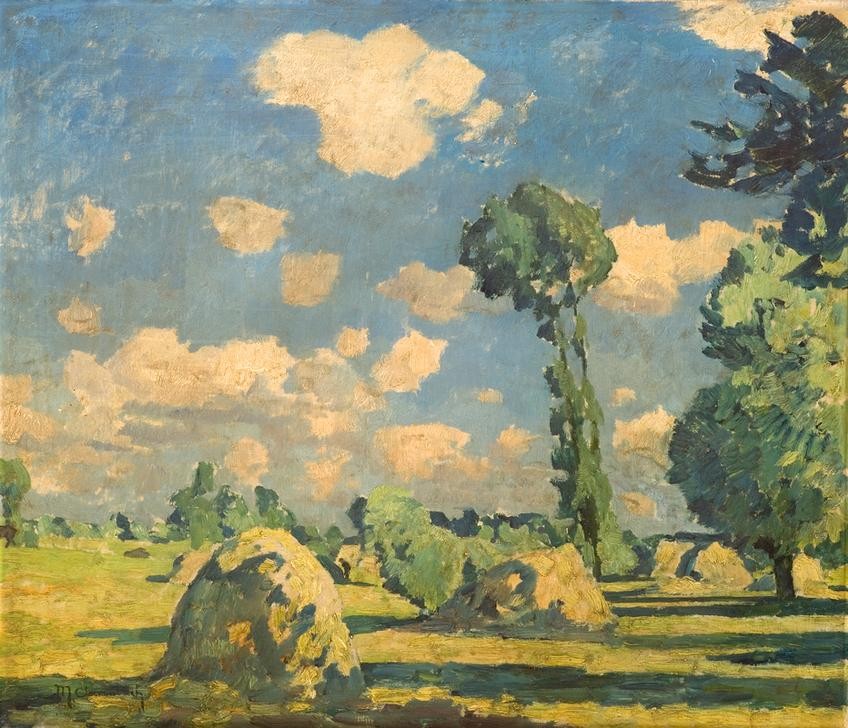 Max Clarenbach, Unbekannt (Landschaft, Landschaftsmalerei,   Bäume,  Wiese, Heuhaufen, Dieme, Hocke, Impressionismus, Wunschgröße, Klassiker, Wohnzimmer)