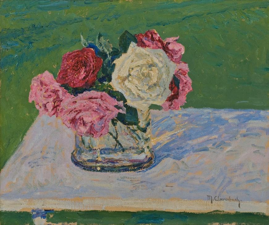 Max Clarenbach, Unbekannt (Stillleben, Blumenvase, Gartentisch, Rosen, Sommer, Impressionismus, Wunschgröße, Klassiker, Wohnzimmer)