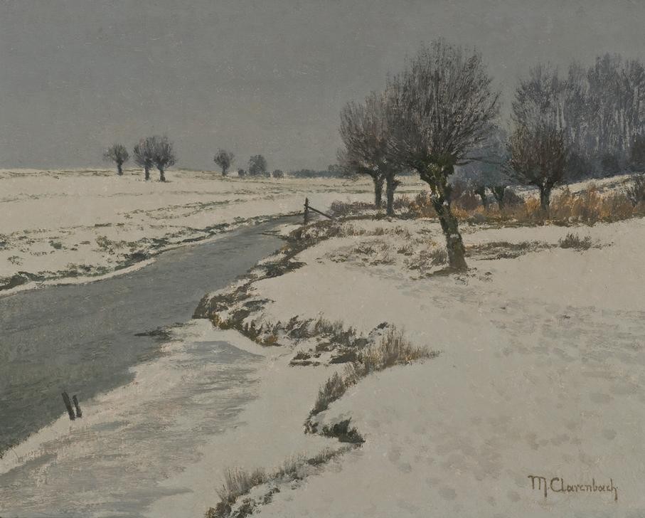 Max Clarenbach, Unbekannt (Winter, Schnee, Landschaft, Landschaftsmalerei, Fluss, Schnee, Stille, Ufer,  Jahreszeit, Impressionismus, Wunschgröße, Klassiker, Wohnzimmer)