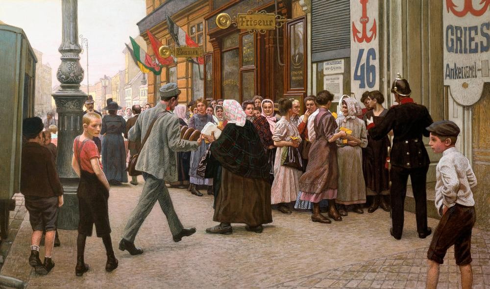 Maximilian Lenz, Ankerbrotverkauf im 3. Bezirk in Wien (Menschen, Brotverkauf, wien, Bäckerei,Bezugsscheine, Warteschlange, Realismus, Wunschgröße, Klassische Moderne, Wohnzimmer, bunt)