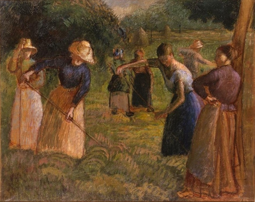 Camille Pissarro, Fenaison à Éragny (Arbeit,Bauer (Landwirt),Ernte,Frau,Jahreszeiten,Kunst,Landschaft,Volkskunde,Impressionismus,Heu,Wiese,Bäuerin,Gras,Genre,Französische Kunst,Landleben,Heuschober,Heugabel,Frauenleben,Frauenarbeit,Landbevölkerung,Landarbeit,Jahrhundertwende,Landarbeiterin,F)