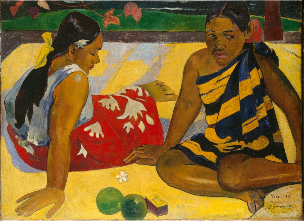 Paul Gauguin, Zwei Frauen auf Tahiti (Damenmode,Frau,Freundschaft (Allgemein),Früchte,Kunst,Landschaft,Mode,Obst,Strand,Textil,Tracht,Völkerkunde,Naturvölker,Portrait,Französische Kunst,Fruchtbarkeit,Haarschleife,Barfuss,Harmonie,Synästhesie,Müssiggang,Exotik,Kleidung (Allgemein),Verträumt,Mu)