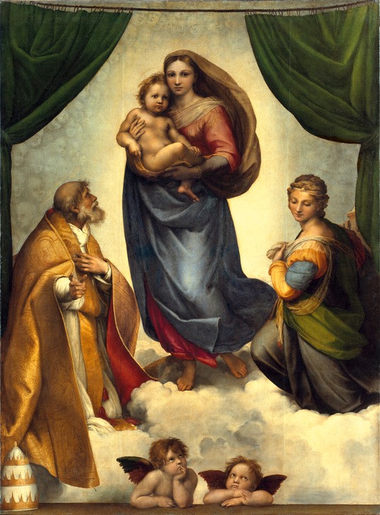 Raffael, Die Sixtinische Madonna (Heilige,Religion,Renaissance,Maria Mit Kind,Bibel,Putto,Fürbitte,Berühmte Kunstwerke,Sixtinische Madonna)