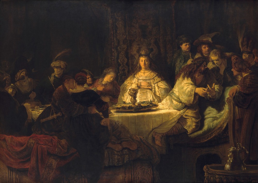 Rembrandt Harmenszoon van Rijn, Simsons Hochzeit (Hochzeit,Barock,Altes Testament,Bibel,Hand,Gestik,Rätsel,Niederländische Kunst,Holländische Kunst,Samsons Rätsel,Jüdisch-Christlich)