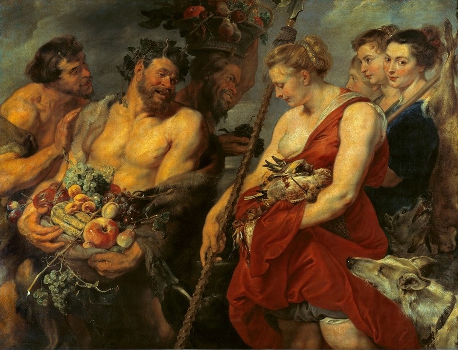 Peter Paul Rubens, Dianas Heimkehr von der Jagd (Flämische Kunst,Jagd,Mythologie,Nymphe,Barock,Hund,Satyr,Speer,Jagdhund,Niederländische Kunst,Jägerin,Griechisch-Römische Mythologie)