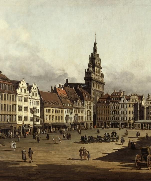 Bernardo Bellotto, Der Altmarkt zu Dresden von der Schloßstraße aus (Dresden, Marktplatz, Architektur, Gebäude, Vedute, historische Stadt, Kutsche, Spaziergänger, Alltag, Rokoko, Malerei, Wohnzimmer, Wunschgröße, Klassiker, bunt)