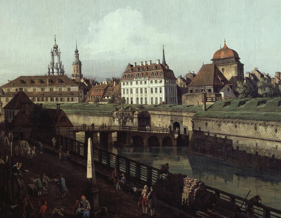 Bernardo Bellotto, Die Saturnbastei mit dem Wilschen Tor (Städte, Dresden, Saturnbastei, Fluss, Elbe, Architektur, Gebäude, historisch, Malerei, Rokoko, Wohnzimmer, Wunschgröße, Klassiker, bunt)