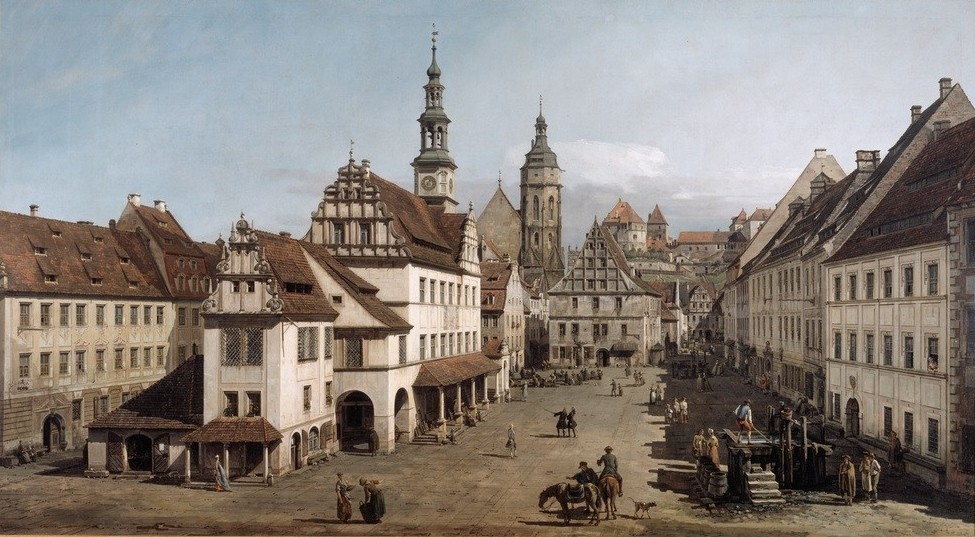 Bernardo Bellotto, Der Marktplatz zu Pirna (Marktplatz, Rathaus, Vedute, Architektur, Kirchtürme, Pirna,  historisch, Malerei, Rokoko, Wohnzimmer, Wunschgröße, Klassiker, bunt)