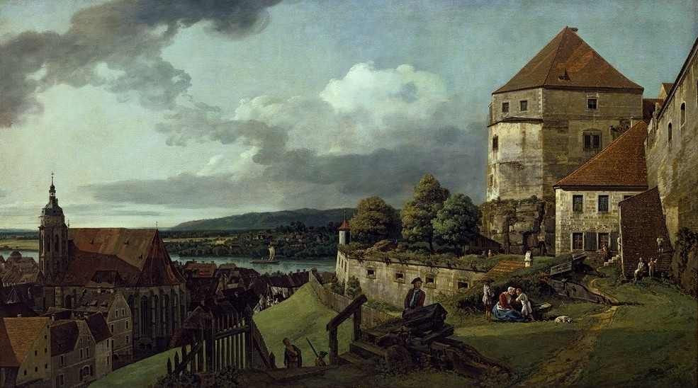 Bernardo Bellotto, Die gegen Mittag gelegenen Gebäude des Sonnensteins mit ein (Landschaft, Festung, Turm, Alltagszene, Dorf, Gebäude, historisch, Malerei, Rokoko, Wohnzimmer, Wunschgröße, Klassiker, bunt)
