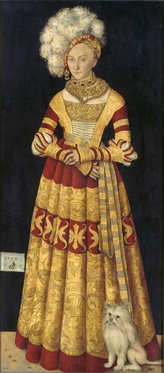 Lucas Cranach der Ältere, Katharina von Mecklenburg, Herzogin von Sachsen (Portrait, Ganzkörper, Adel, persönlichkeiten, Eleganz, Kopfbedeckung, Hund, Damenhut, Damenmode, Schmuck, Klassiker, Renaissance, Wunschgröße, Wohnzimmer)